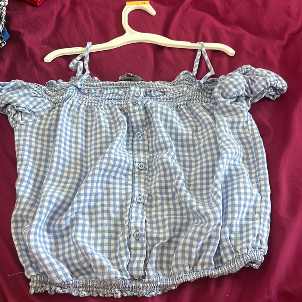 Blue and white Plaid cropped off the shoulder tank top